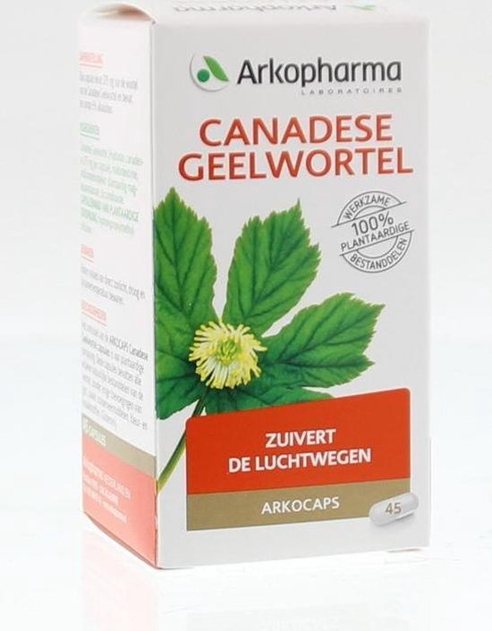 Doosje Arkocaps Canadese Geelwortel met tekening van plant. Bevat 45 capsules.