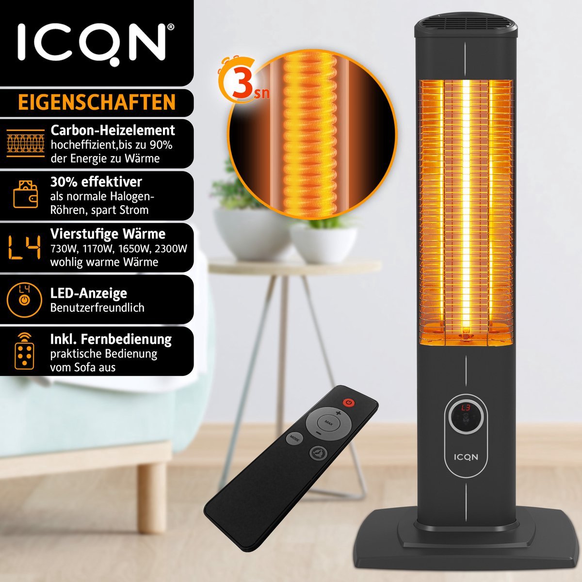 ICQN Infrarood Terrasverwarmer met Beschermhoes, Infrarood Kachel - 2300W - Met Afstandsbediening, Timer, Instelbare Warmtes en LCD-scherm - Voor Binnen en Buiten - Hoge Capaciteit – foto 5