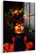 MuchoWow® Glasschilderij 120x160 cm - Schilderij acrylglas - Vrouw - Zwart - Bessen - Bramen - Appels - Foto op glas - Muurdecoratie woonkamer - Wanddecoratie slaapkamer - Schilderijen