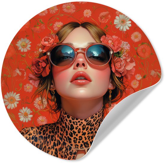 WallCircle® - Behangcirkel 30x30 cm - Muurstickers Vrouw - Kleurrijk - Dierenprint - Bloemen - Muurcirkel woonkamer - Wandcirkel slaapkamer - Kamer decoratie zelfklevend - Muurdecoratie accessoires