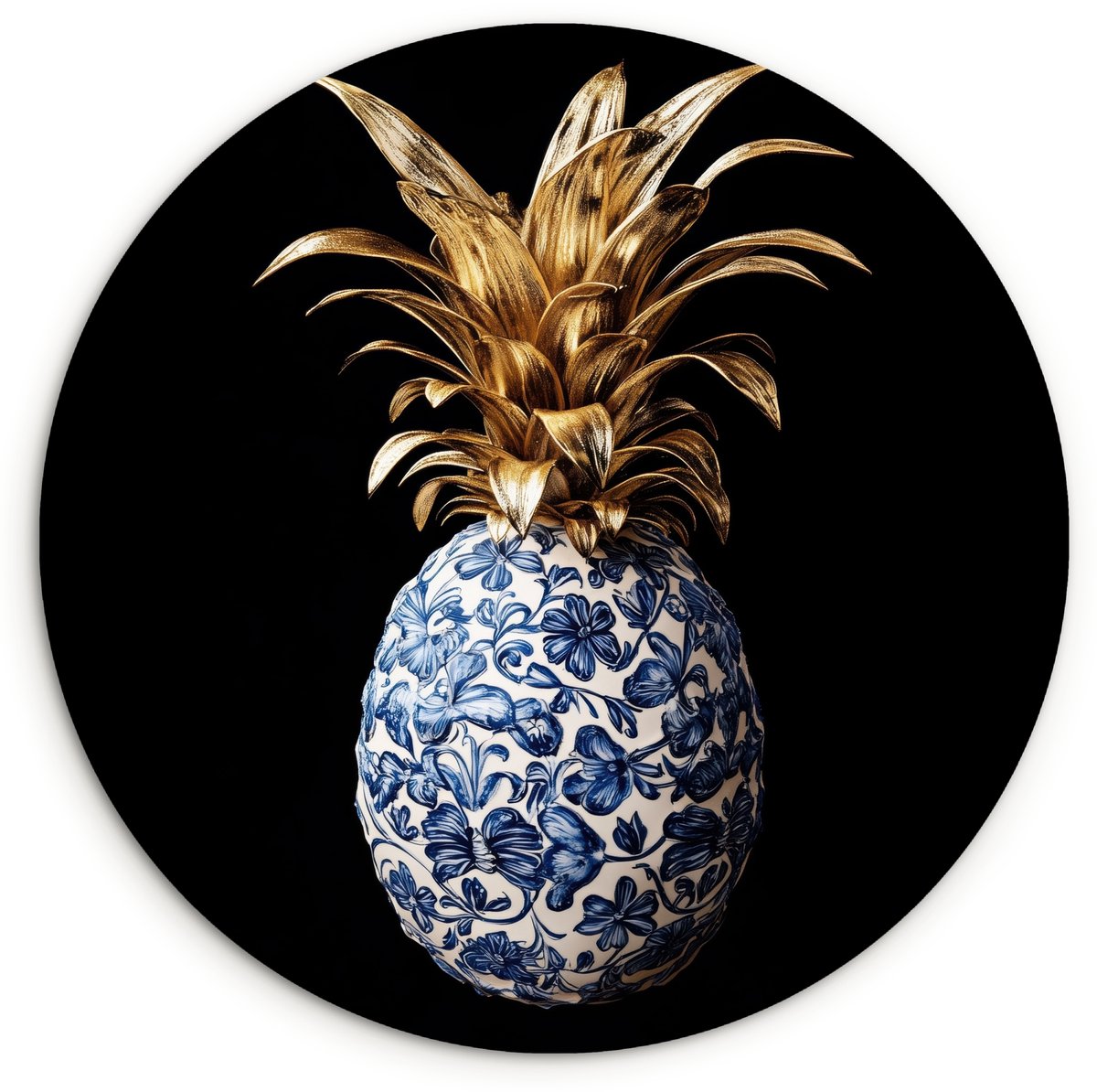 WallCircle Wandcirkel 60x60 cm - Muurcirkel Ananas - Bloemen patroon - Goud - Delftsblauw - Muurdecoratie woonkamer - Wanddecoratie keuken - Kamer decoratie accessoires - Ronde schilderijen Ananas - Delftsblauw