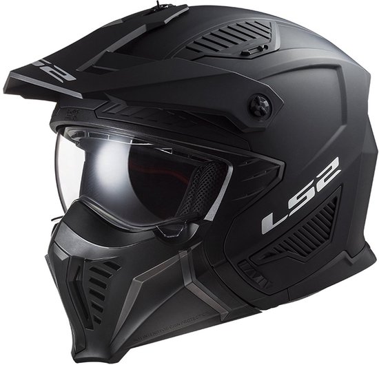 Casque moto noir LS2 avec visière et protège-menton, logo LS2 sur le côté.
