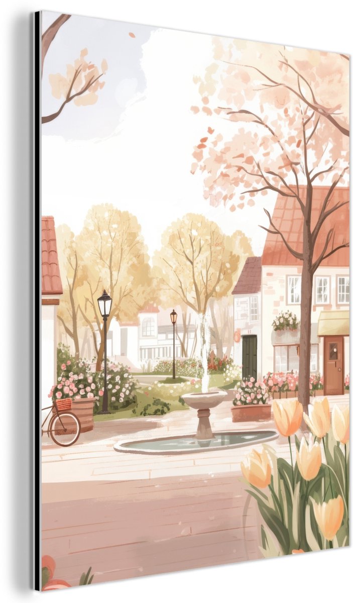 Aluminium schilderij 30x40 cm - Wanddecoratie metaal - Dorpsplein - Fontein - Tulpen - Met