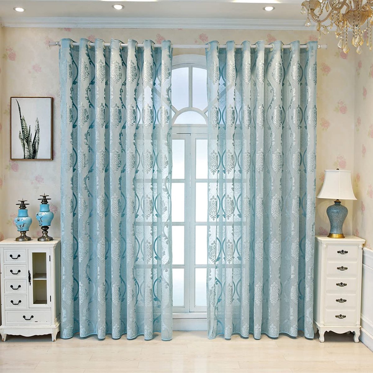 My Ninki ® Stijlvol Halftransparant Gordijn met Vintage Barok Jacquard Borduurwerk voor Elegante Raamdecoratie blauw