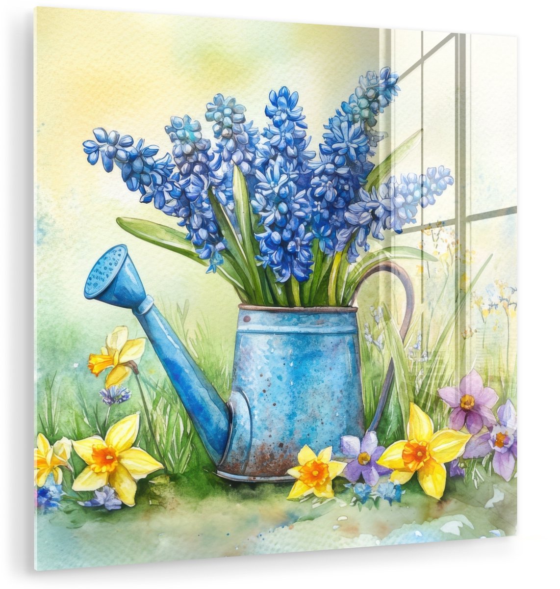 MuchoWow® Glasschilderij 20x20 cm - Schilderij acrylglas - Gieter - Lavendel - Bloesems - 