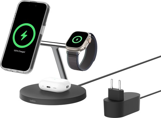 Belkin 3-in-1 Qi2 Draadloze Oplader – Magsafe compatibel - Zwart