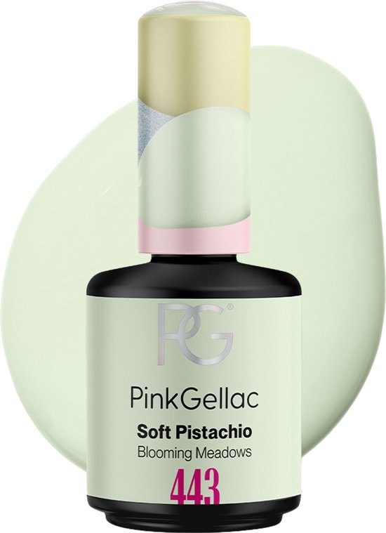 Pink Gellac gel nagellakflesje in de kleur Soft Pistachio 443, met een lichte groene swirl.