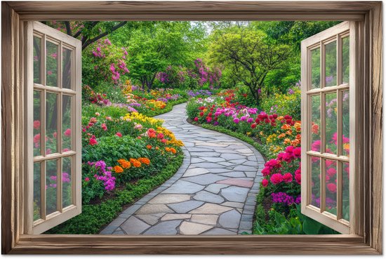 Crédence de Cuisinière en Aluminium 60x40 cm - Vue - Fleurs - Chemin de jardin - Nature - Fenêtre - Écran Pare-éclaboussures pour Plaque de Cuisson - Protection Murale