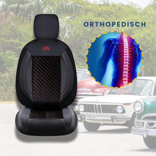 Housses de siège de voiture pour Volkswagen T-Roc 2017 sur mesure| Ensemble de 2 pièces | Siège conducteur + passager série AIS | AIS101 | Zwart avec coutures rouges