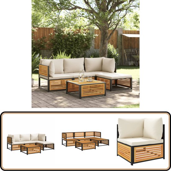 vidaXL Ensemble de salon 5 pièces - Bois d'acacia avec Coussins Ensemble de jardin - Set de salon - Bois d'acacia - Décoration extérieure - Meubles de patio