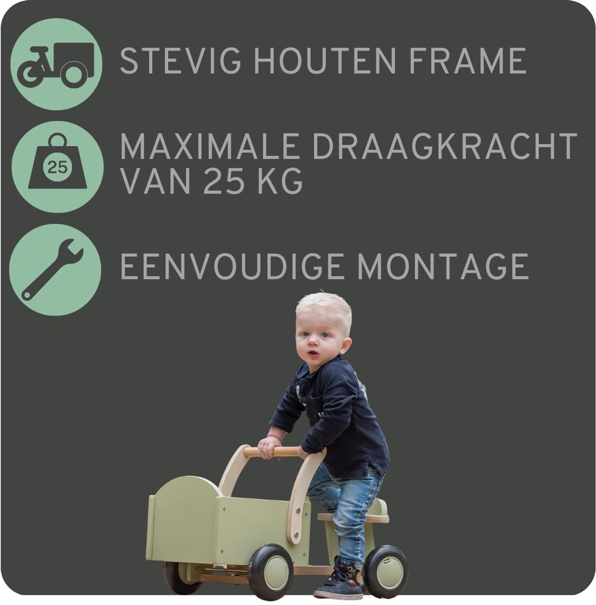 Bandits & Angels Bakfiets Loopfiets Hout Little Rider Retro Green vanaf 1 jaar - Voor Jongens en Meisjes - Ride-On Houten Bakfiets - Houten Loop Fiets Groen - Geluidsarme Wielen - Kraamcadeau — afbeelding 8