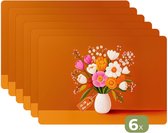 Placemats - 6 stuks - 45x30 cm - Placemat kunststof - Vaas - Bloemen - Oranje - Borden onderleggers - Decoratie voor op tafel - Keuken tafeldecoratie accessoires - Vinyl onderlegger - Tafelversiering