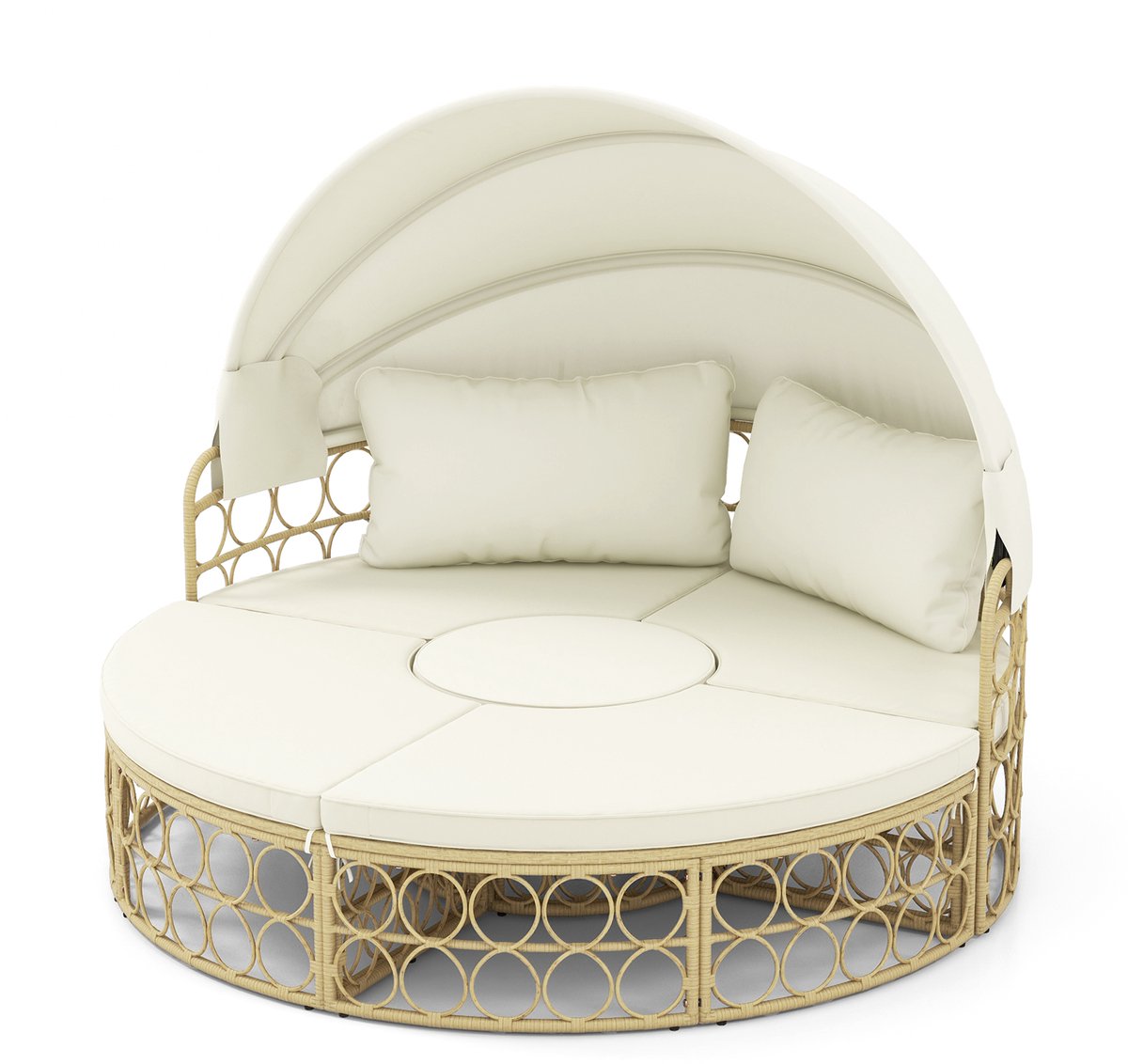 Rond rotan dagbed met bijzettafel, intrekbare luifel, kussen in tuinsetting.