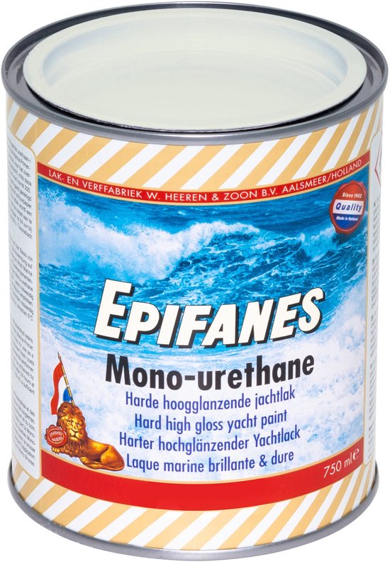 Blik Epifanes Mono-urethane harde hoogglanzende jachtlak. Gemaakt in Holland. Gouden en witte strepen.