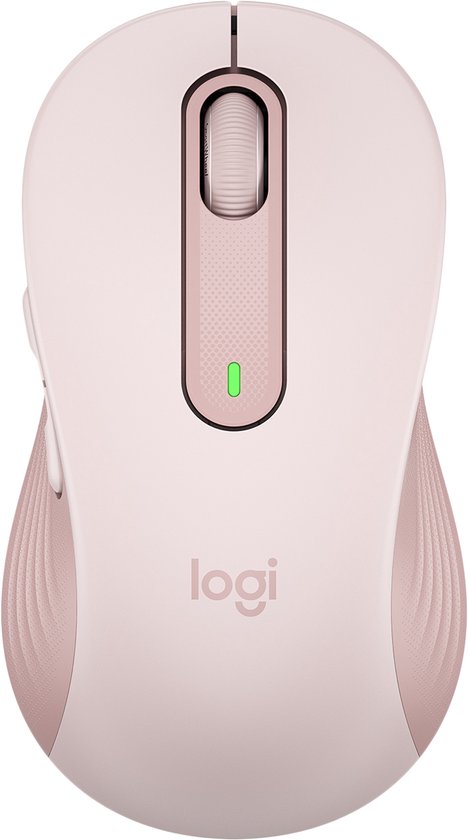 Roze Logitech M650 L muis, bovenkant met logo en scrollwiel.