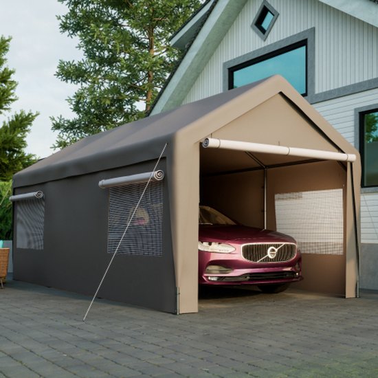 Tente de garage carport 3x6m, grise, résistante à l'hiver avec fenêtre enroulable, parois latérales et toit amovibles, tente de rangement, tente d'écurie, housse de protection pour voiture, SUV, bateau et camion