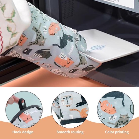 Grijze ovenwanten met speelse kattenprint, met haken, soepele naden en levendige kleuren.