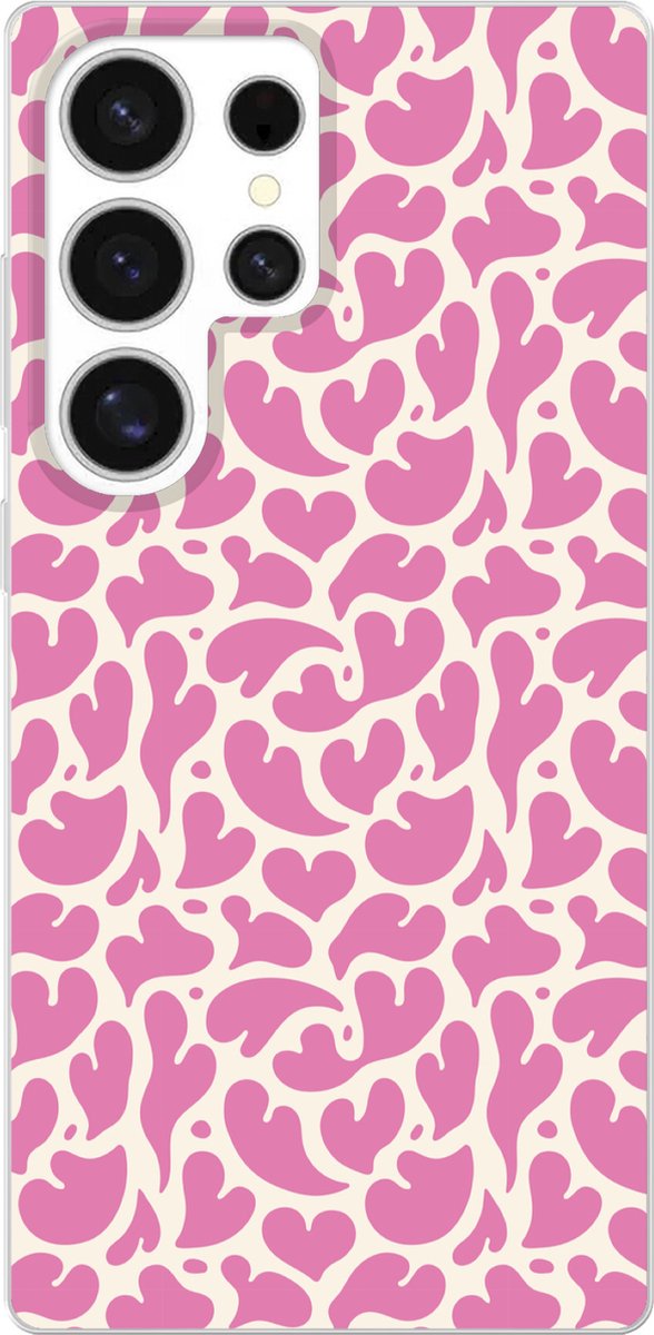 Telefoonhoesje Geschikt voor Samsung Galaxy S25 Ultra hoesje - Hartjes - Print - Roze - Wit - Siliconen Telefoonhoesje Telefoonhoesje