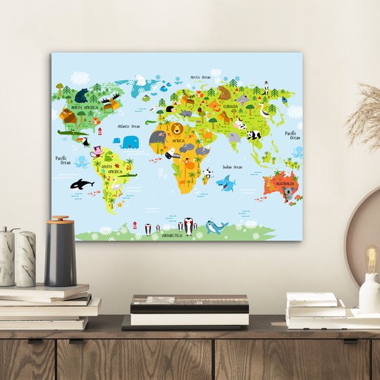 Décoration murale Métal - Peinture Aluminium Industrielle - Wereldkaart - Enfants - Animaux - Nature - Garçons - Filles - 40x30 cm - Dibond - Photo sur aluminium - Décoration murale industrielle - Pour le salon / chambre