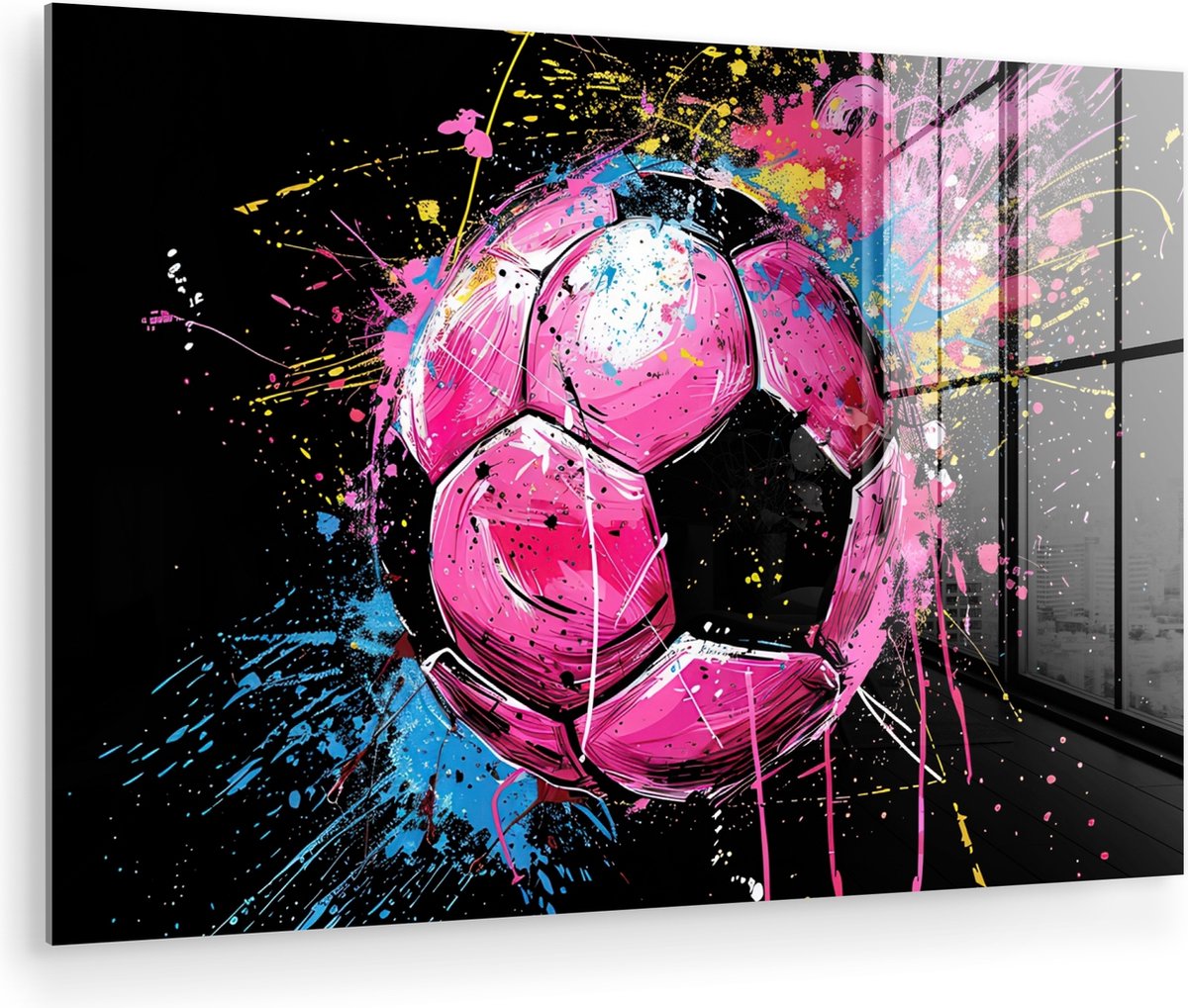MuchoWow® Glasschilderij 120x80 cm - Schilderij acrylglas - Graffiti - Sport - Voetbal - Bal - Roze - Foto op glas - Muurdecoratie woonkamer - Wanddecoratie slaapkamer - Schilderijen
