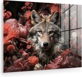 MuchoWow® Glasschilderij 160x120 cm - Schilderij acrylglas - Wolf - Dier - Bloemen - Botanisch - Natuur - Fantasie - Foto op glas - Muurdecoratie woonkamer - Wanddecoratie slaapkamer - Schilderijen