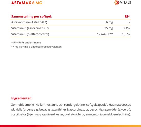 Ingrediëntenlijst en samenstelling van Vitals Astamax 6 mg met astaxanthine, vitamine C en E.