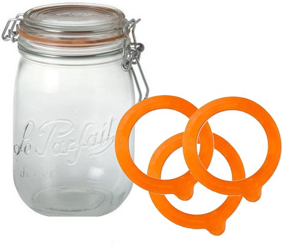 Weckpotten/inmaakpotten met klepdeksel 1L en 10 inmaakringen