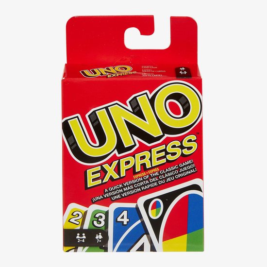 Rood UNO Express doosje met de tekst "UNO EXPRESS" en afbeeldingen van UNO kaarten met de cijfers 2, 3, 4 en een speelkaart.