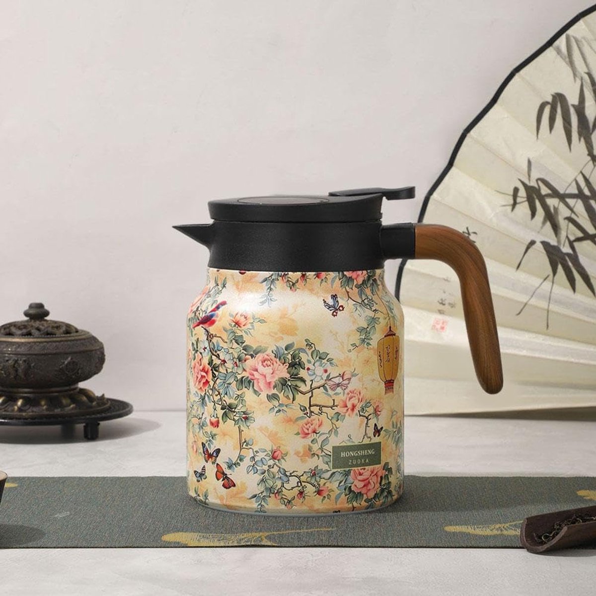 Theeketel met Bloemenpatroon – Geïsoleerde RVS Theepot, Warmhoudende Drankdispenser