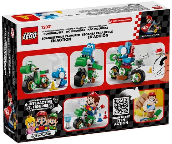Achterkant van LEGO Mario Kart Yoshi-Crosser 72031 doos, toont speelsets met Yoshi en Mario.