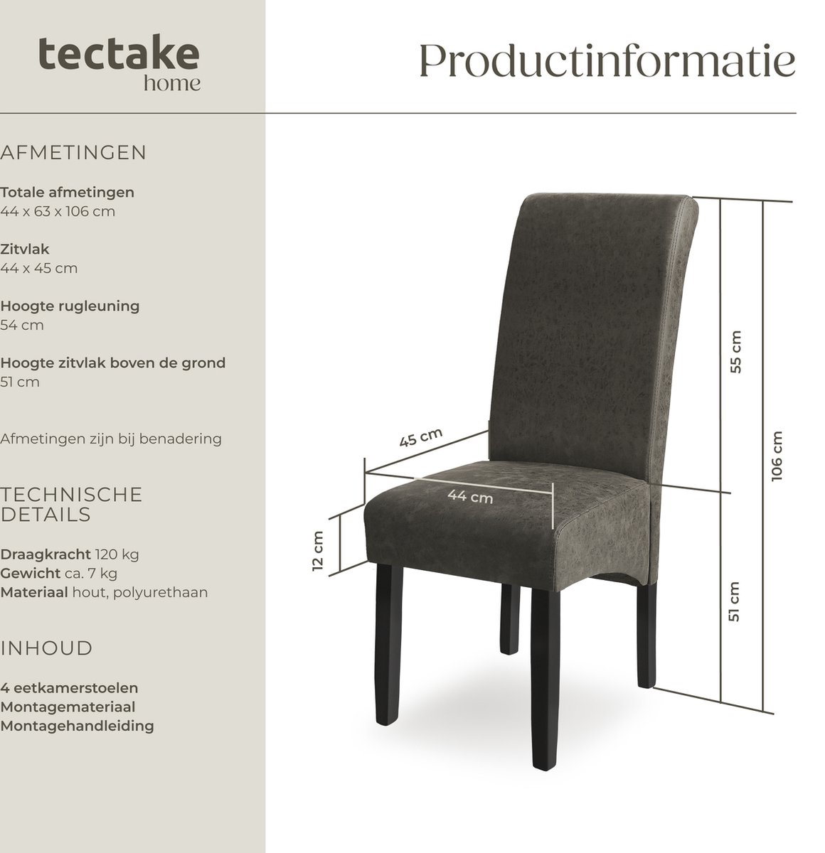 tectake® Eetkamerstoel - Comfortabele kunstleren stoel met hoge rugleuning - Keukenstoel voor keukentafel - Gestoffeerde keukenstoel - Diverse kleuren en sets - Maximale belasting 120 kg - Afmeting (LxBxH) 44 x 63 x 106 cm - Set van 4 - Grijs – foto 6