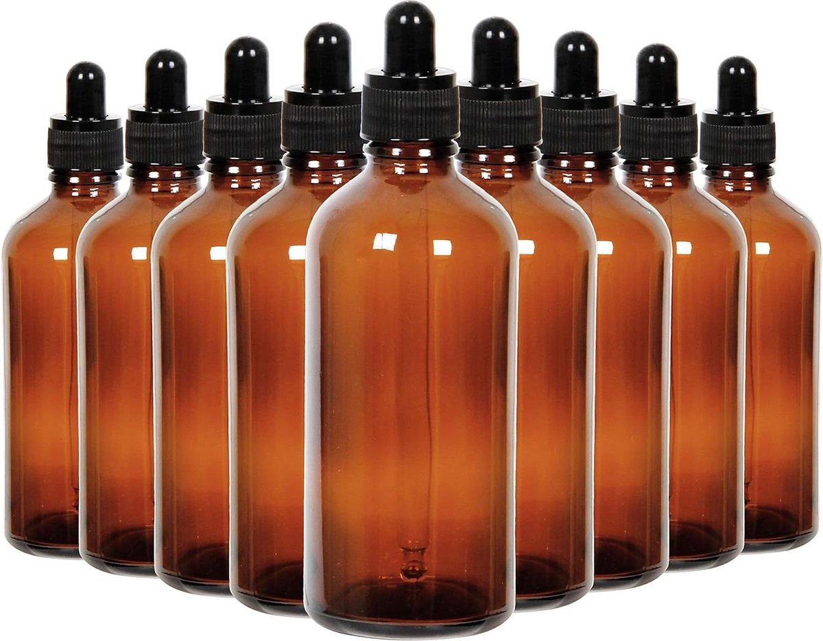 16 Stuks 120ML Glazen Druppelflessen - Apothekersfles - Druppelflessen voor Etherische Olie - 2 Roestvrijstalen Minitrechters - Amber