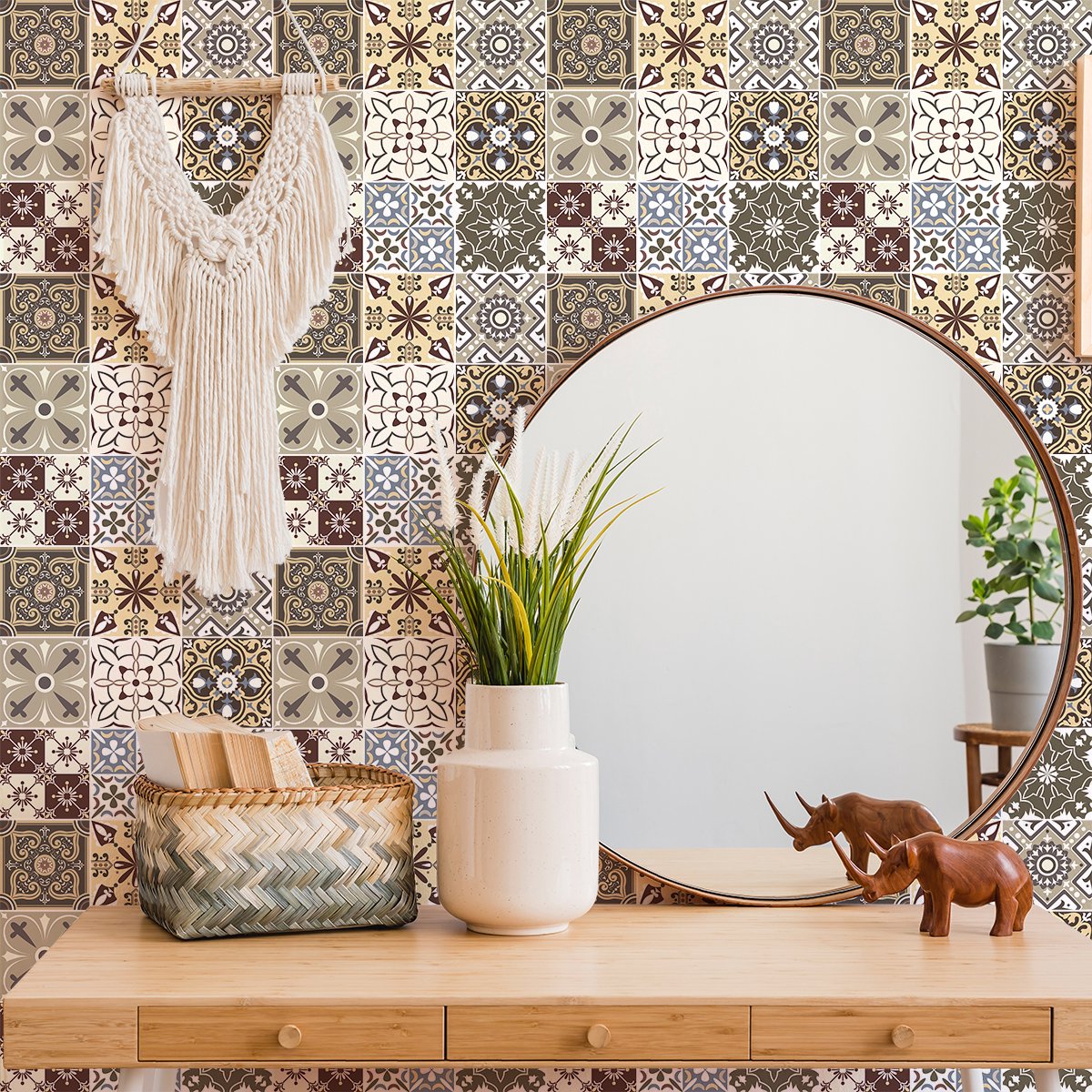 Ambiance Sticker Zelfklevende tegelmuurstickers voor keuken en badkamer - 9 cementtegelstickers (Azulejos Aleccio) - 9 stickers, 20x20cm Multi color