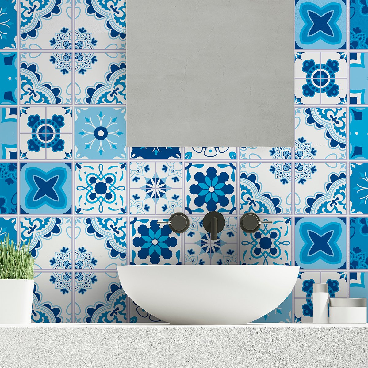 Ambiance Sticker Zelfklevende tegelmuurstickers voor keuken en badkamer - 24 AZULEJOS JOSHUA cementtegelstickers - 24 stickers 20x20cm Multi color