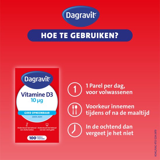 Dagravit Vitamine D 10µg parels - Ondersteunt het behoud van sterke botten en een sterk gebit - Goed opneembaar door de oliebasis - 100 parels