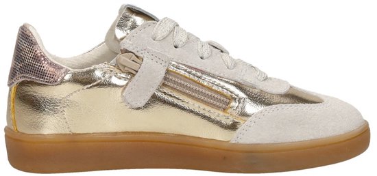 Vue latérale d'une sneaker KEQ dorée avec zip, daim beige et semelle marron.