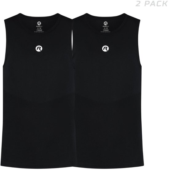 Twee zwarte mouwloze sporttops met R logo op de borst.