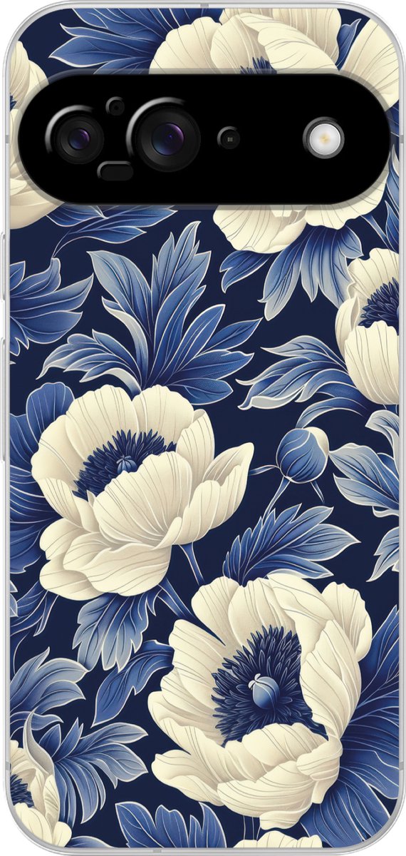 Telefoonhoesje Geschikt voor Google Pixel 9 hoesje - Bloemen - Patroon - Blauw - Wit - Siliconen Telefoonhoesje Telefoonhoesje