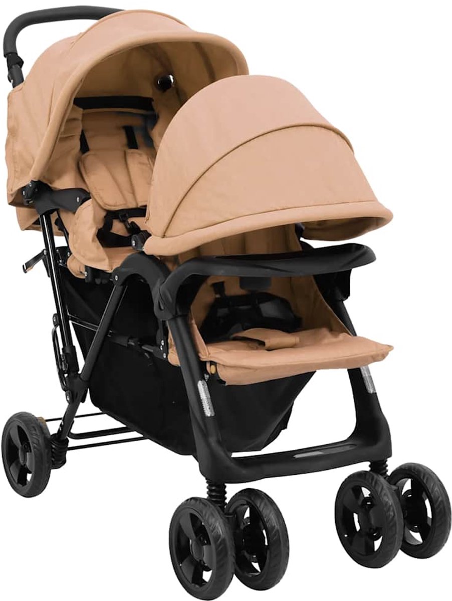 vidaXL Tweelingkinderwagen tandem staal taupe
