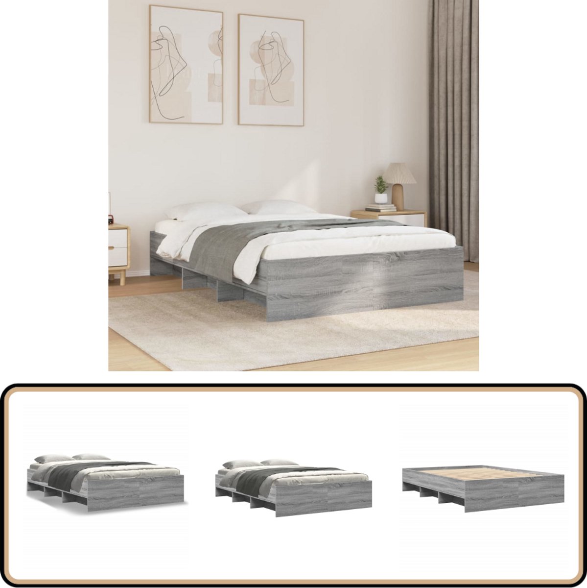 vidaXL - Bedframe - bewerkt - hout - grijs - sonoma - eikenkleurig - 140x200 - cm