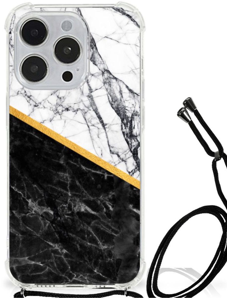iPhone 14 Pro Max Anti-Shock Hoesje Marmer Wit Zwart - Origineel Cadeau Man