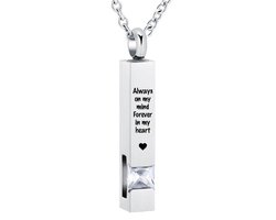 Luxe Ashanger | Met Ketting En Gravering | Always On My Mind Forever In My Heart | Assieraad | Zilver Met Witte Steen | As Ketting | Gedenksieraad | Urn | Incl. As vuller