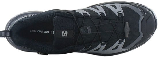 Bovenaanzicht van de zwarte Salomon X Ultra 360 GTX wandelschoen met vetersysteem en "SALOMON" logo.