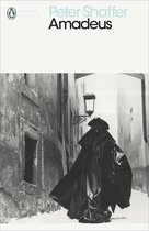 Boekcover van Amadeus met een figuur in een zwarte cape en masker in een smalle straat.