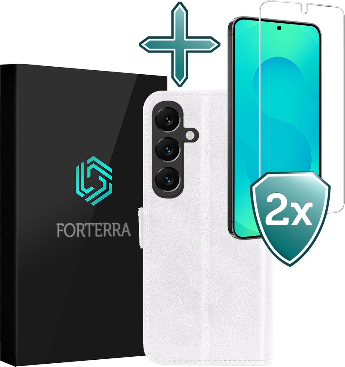 Hoesje Met 2x Screenprotector - Geschikt voor Samsung Galaxy S25 Plus - Luxe Pasjeshouder - Flip Case - Bookcase Portemonee - Kunstleer Book Case - Flipcase Hoes - Book Cover - Walletcase - Portemonneehoes - Wit