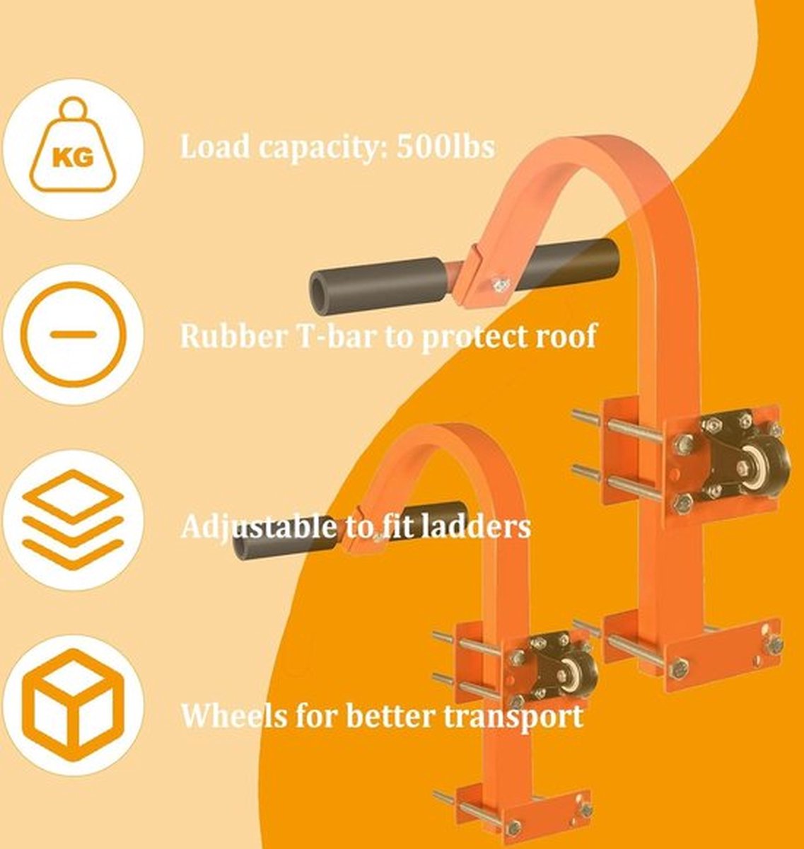 BBTEQEKN Set van 2 ladderhaken met wiel, 150 kg gewicht ladder, dak, heavy duty stalen ladder, stabilisator, rubberen grip, T-type stang, snelle en eenvoudige installatie