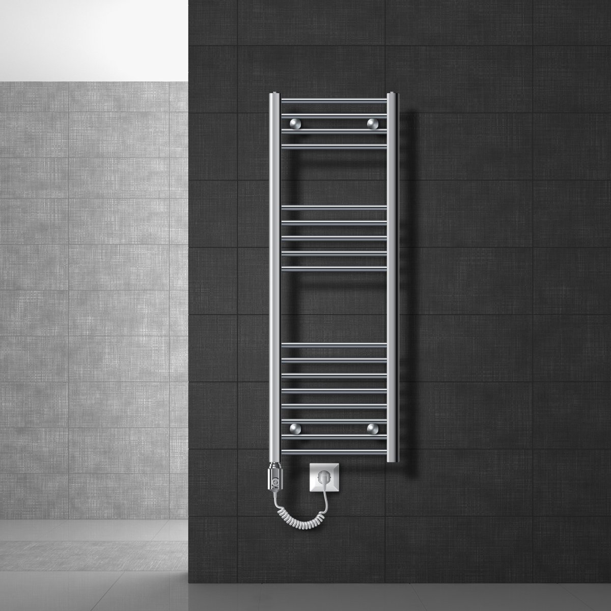 Badkamerradiator Elektrisch met verwarmingselement 900W 400x1200 mm Chroom gebogen met zijaansluiting