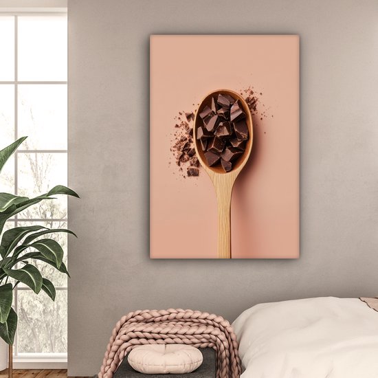 Canvas schilderij 80x120 cm - Exclusieve wanddecoratie Chocola - Hout - Lepel - Muurdecoratie woonkamer - Slaapkamer decoratie - Kamer accessoires - Schilderijen op canvas