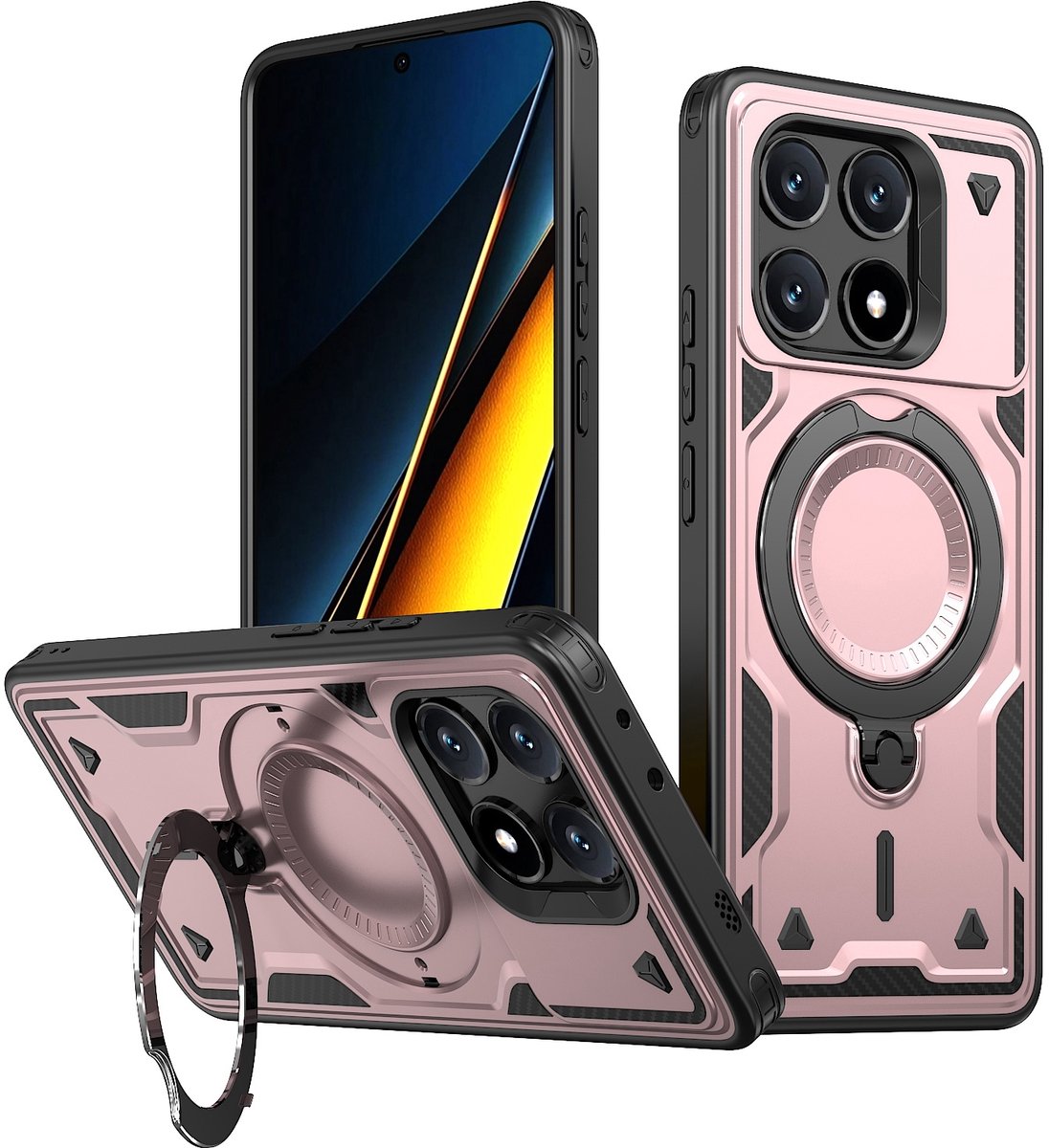 Hoesje geschikt voor Xiaomi Poco X6 Pro - Phonesta MagLock Armor Back Cover met ring - Geschikt voor MagSafe - Roségoud