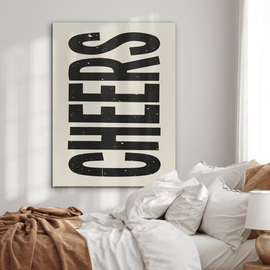 MuchoWow® Glasschilderij 90x120 cm - Schilderij acrylglas - Cheers - Japandi - Zwart - Letters - Foto op glas - Muurdecoratie woonkamer - Wanddecoratie slaapkamer - Schilderijen